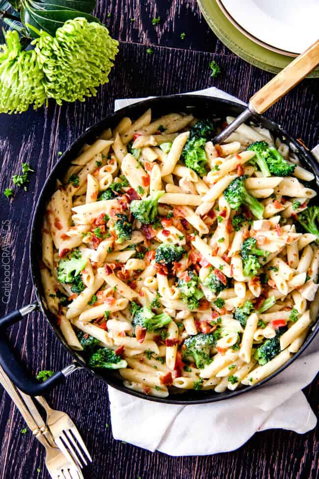 Skinny Cheesy Bacon Ranch Chicken Pasta in a black pan.