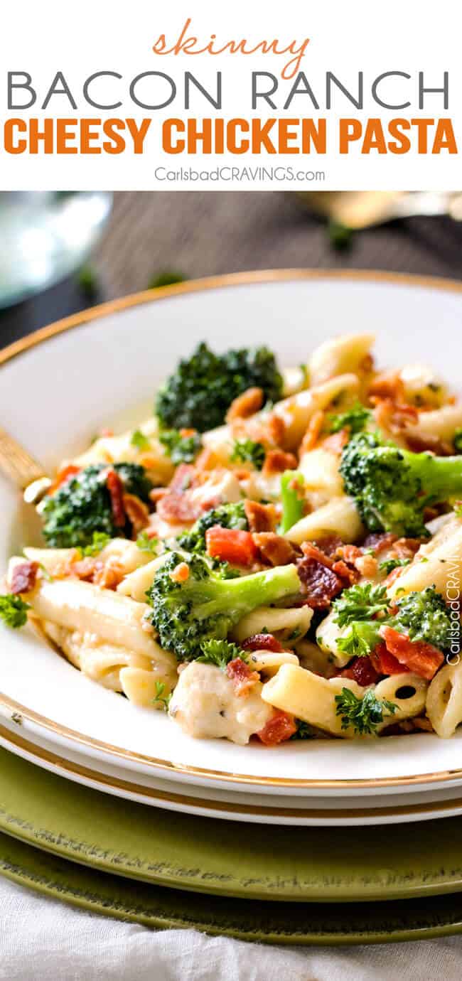 Skinny Cheesy Bacon Ranch Chicken Pasta is an easy flavorful pasta and an all time FAMILY FAVORITE with ranch chicken in a lightened up cheesy ranch sauce - with BACON, broccoli and bell peppers!