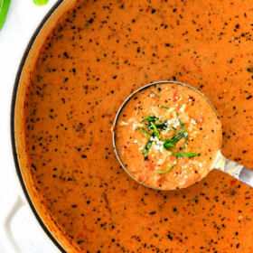 This Parmesan Tomato Basil Soup recipe is our family favorite! Its super easy without any chopping! bursting with flavor and I love the addition of Parmesan!