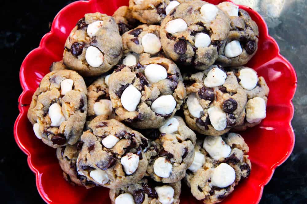 overhead view of s'mores cookies on red plate