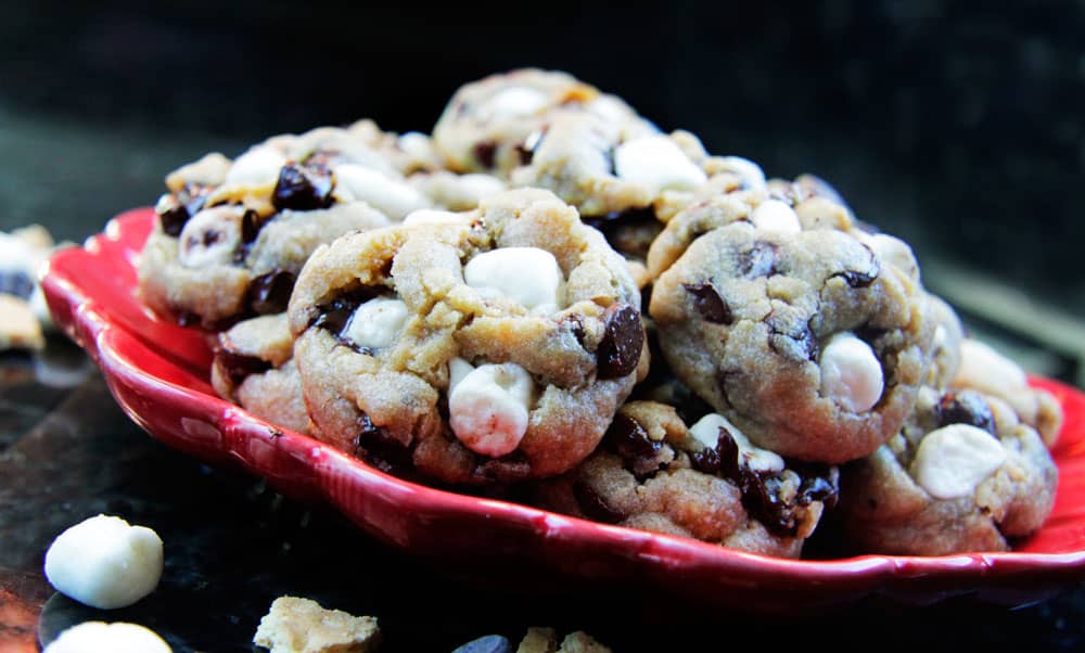 pile of s'mores cookies on a red plate.