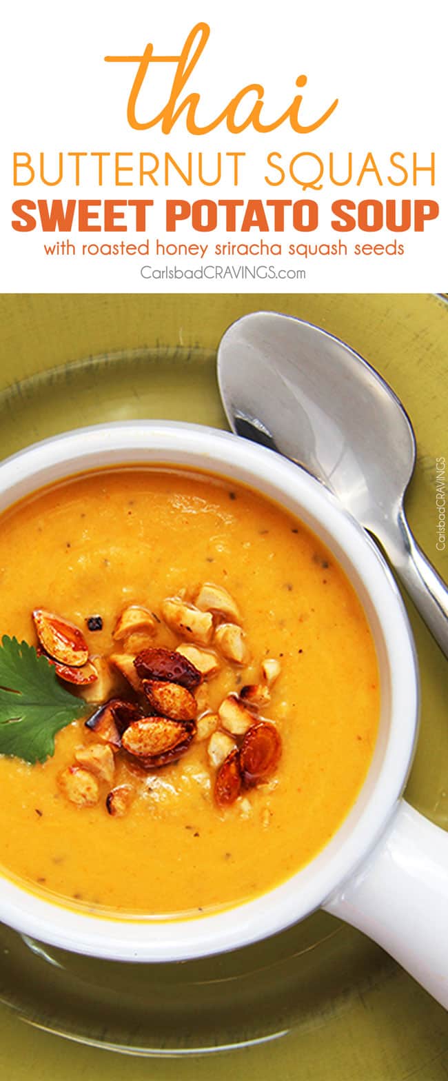 Mega creamy (WITHOUT any cream), Thai Butternut Squash, Sweet Potato, Carrot Soup infused with red curry, ginger, garlic coconut milk, and sriracha - the layers of flavor are SO comforting and positively ADDICTING! top view of curried butternut squash soup in a white bowl