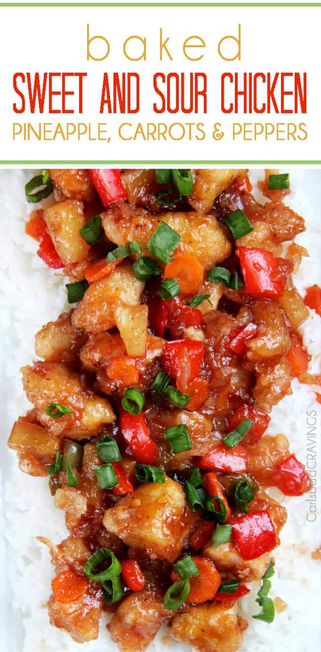 The BEST Sweet and Sour chicken - takeout OR homemade - I have ever had in my entire life! It is also baked with pineapple, carrots, onions and bell peppers all in ONE BAKING DISH! No need to stir fry extra veggies! #sweetsourchicken #chinesefood #fakeouttakeout