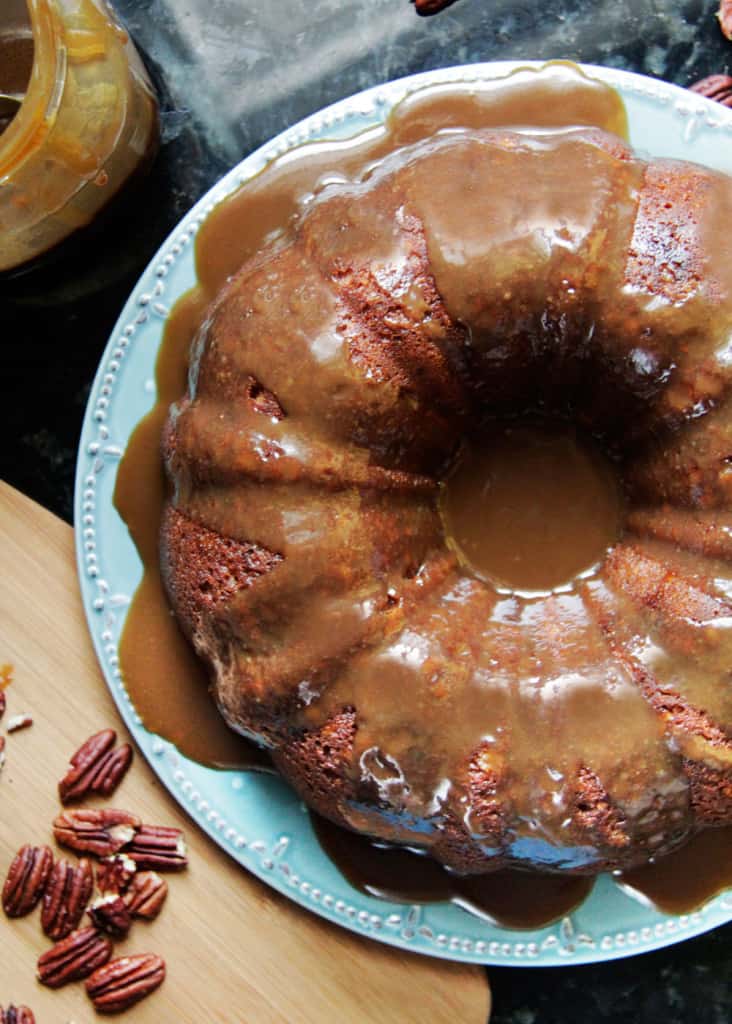 overhead view of brown sugar caramel pound cake on blue plate
