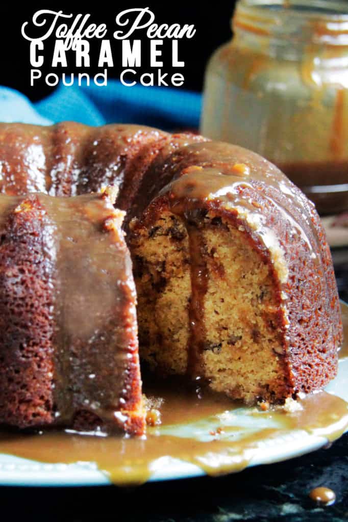 caramel pound cake drizzled with caramel sauce. a slice is missing.