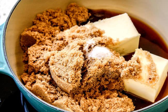 showing how to make caramel sauce by adding butter, brown sugar and water to saucepan