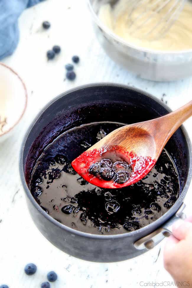SHowing how to make the sauce for Carrot Cake Crepes with Cream Cheese Filling and Blueberry Sauce.