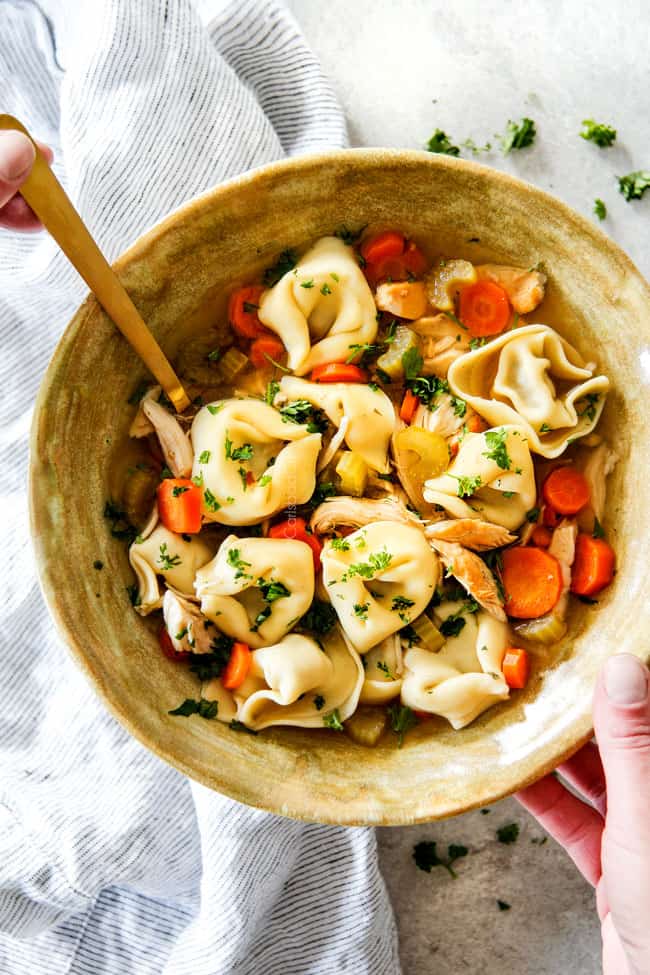 This is the BEST Slow Cooker Chicken Tortellini Soup you will ever try! It's super easy, seasoned to perfection and a comforting, satisfying dinner any night of the week! top view of two hands holding a bowl of Chicken Tortellini Soup cheese tortellini, onions, celery, carrots