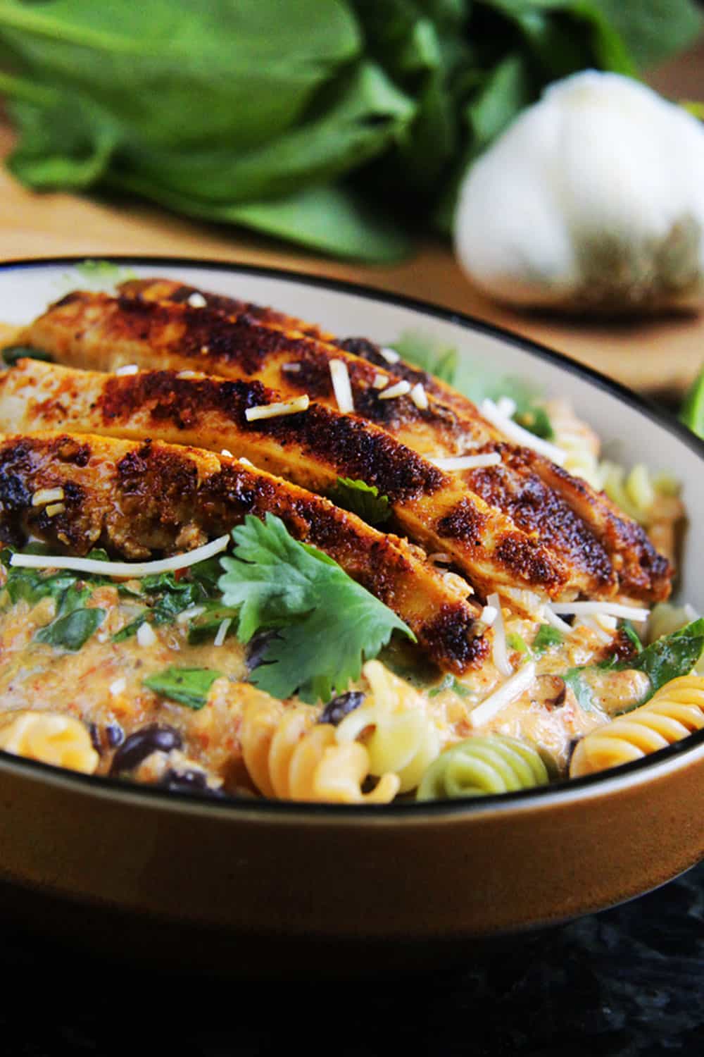 Roasted Red Pepper Pasta with grilled chicken