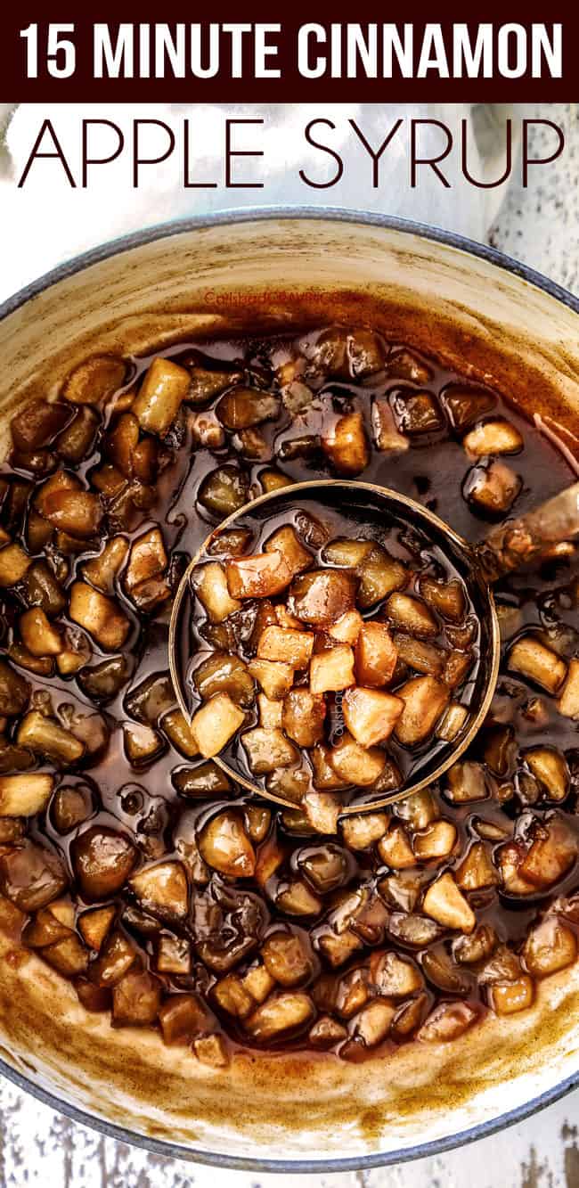 top view of a sauce pan of best apple syrup with a ladle