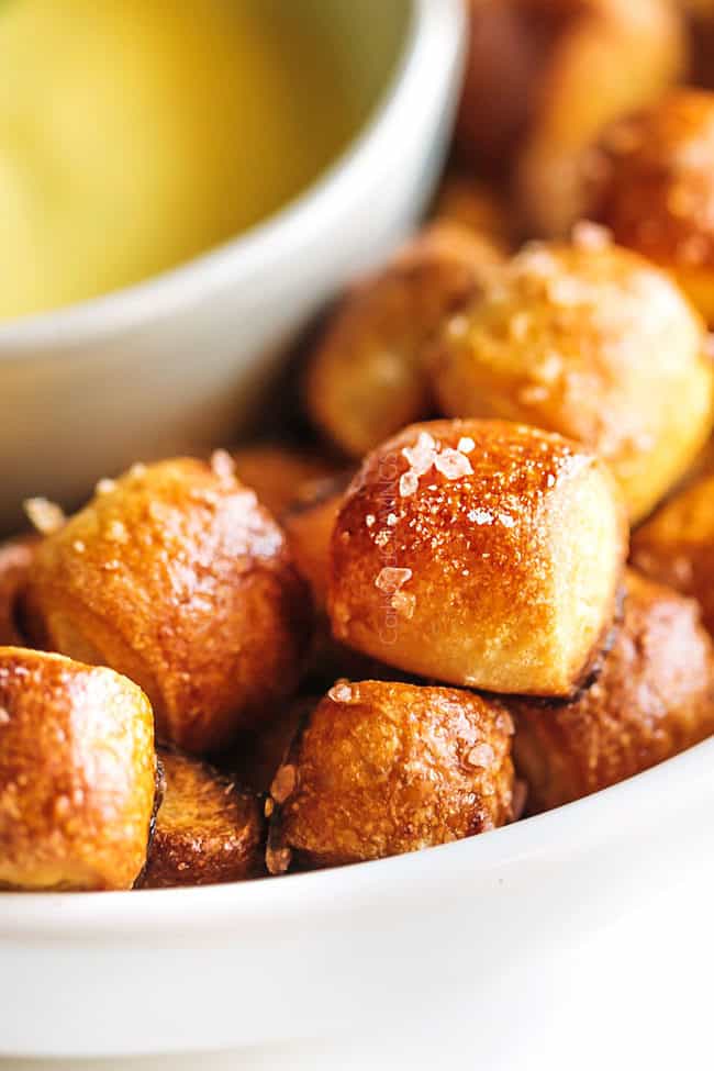 up close of a couple pretzel bites with sea salt