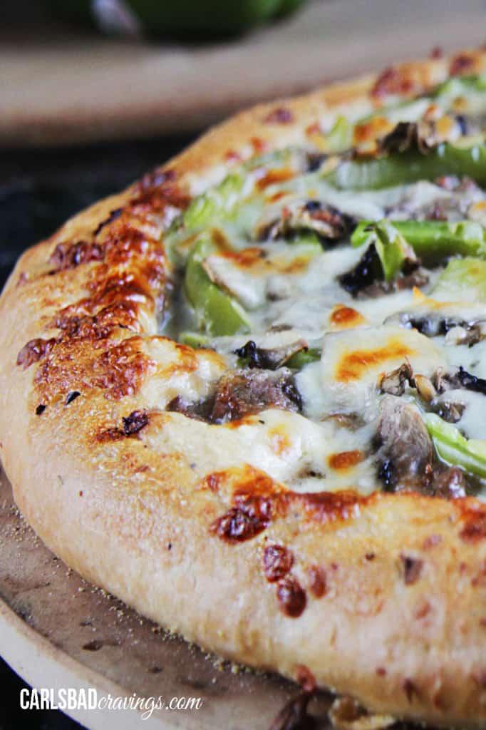 side view of easy Philly Cheesesteak Pizza recipe