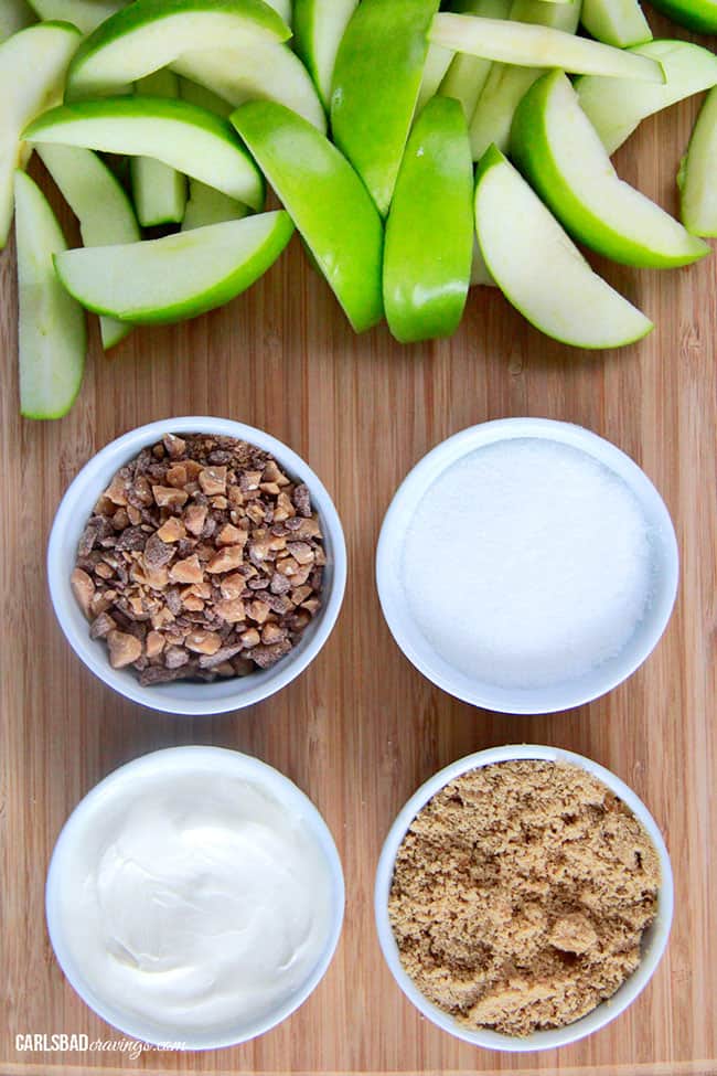 showing how to make Cream Cheese Apple Dip by lining up cream cheese, brown sugar, granulated sugar and toffee