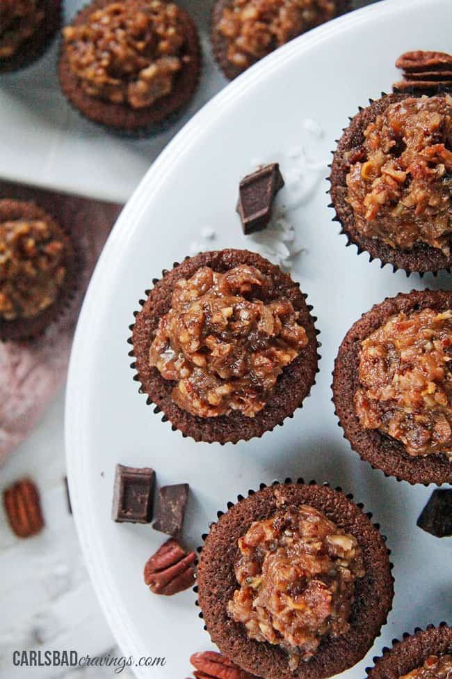 top view frosting the best German Chocolate Cupcakes
