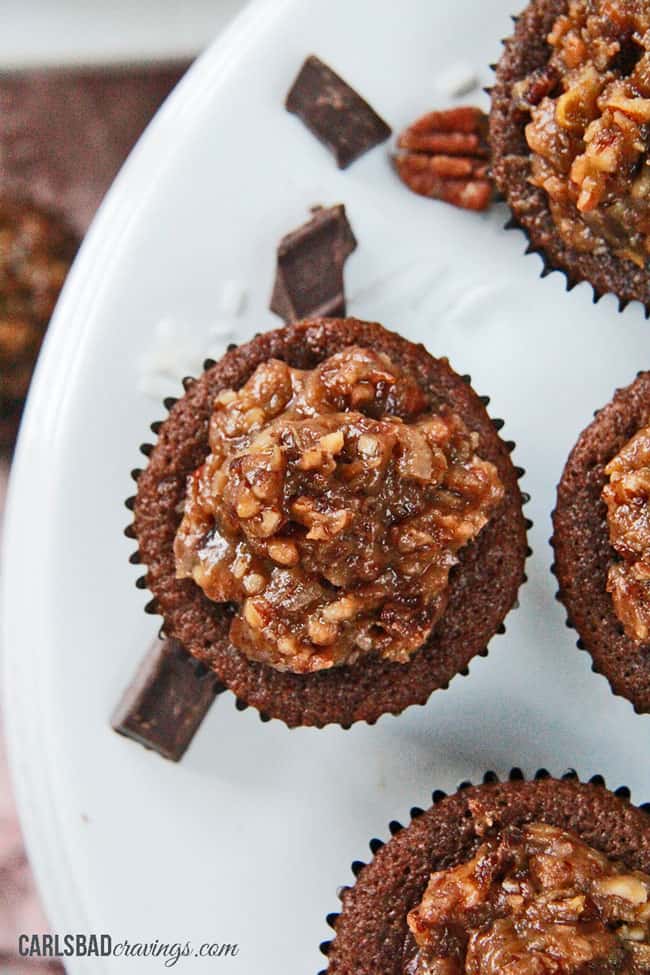 top view of soft and fluffy German Chocolate Cupcakes