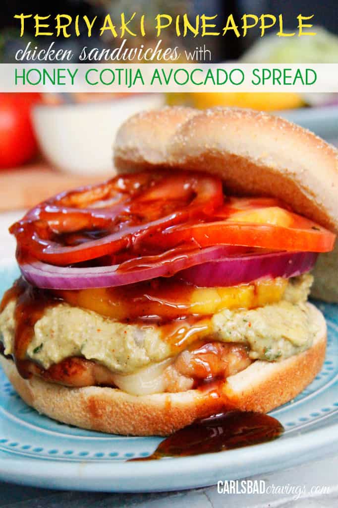 Teriyaki Chicken Sandwich on a blue plate with homemade teriyaki sauce