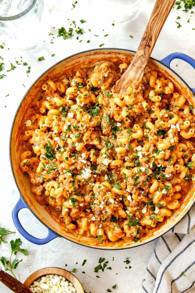 top view of the best buffalo mac and cheese recipe in a skillet with blue cheese