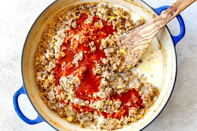 showing how to make buffalo mac and cheese by stirring in buffalo hot wings sauce and milk