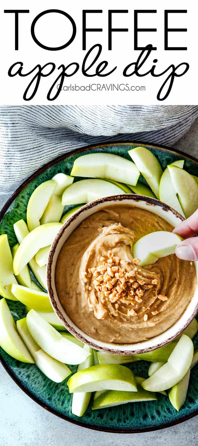 5 Minute Cream Cheese Toffee Apple Dip is my go-to party dip! Its rich and creamy with crunchy, sweet toffee bits and couldn't be any easier! Everyone goes crazy for this dip!