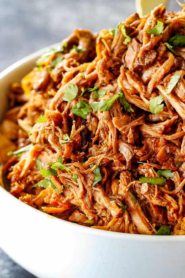 up close of Best Cafe Rio Sweet Pork in a white bowl