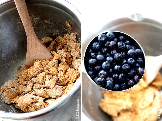 Showing how to make Pumpkin Scones adding blueberries in a mixing bowl.
