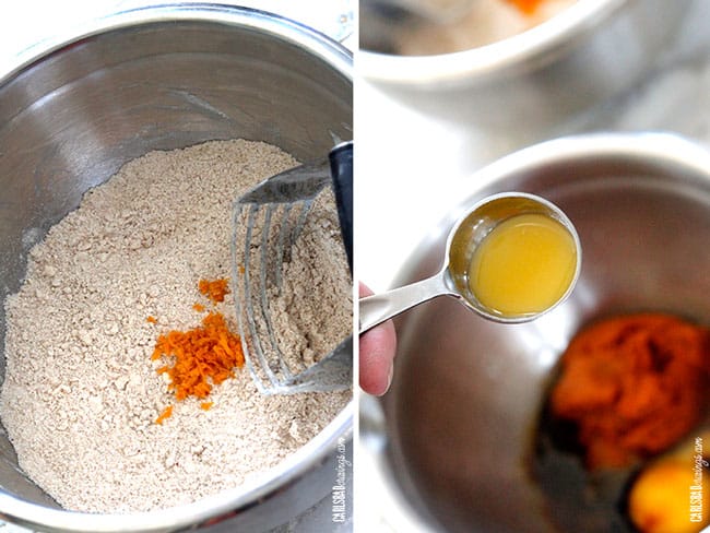 Showing how to make Pumpkin Scones adding butter and spices in a mixing bowl.