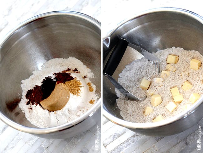 Showing how to make Pumpkin Scones adding ingredients in a mixing bowl.
