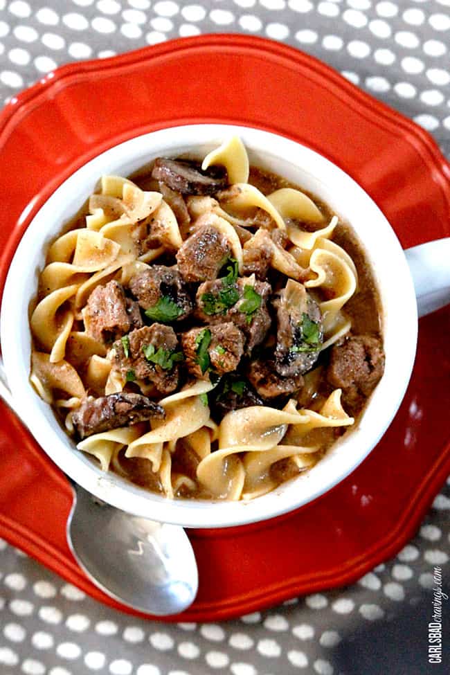 A full serving of Beef Stroganoff Soup in a white bowl on a red plate.