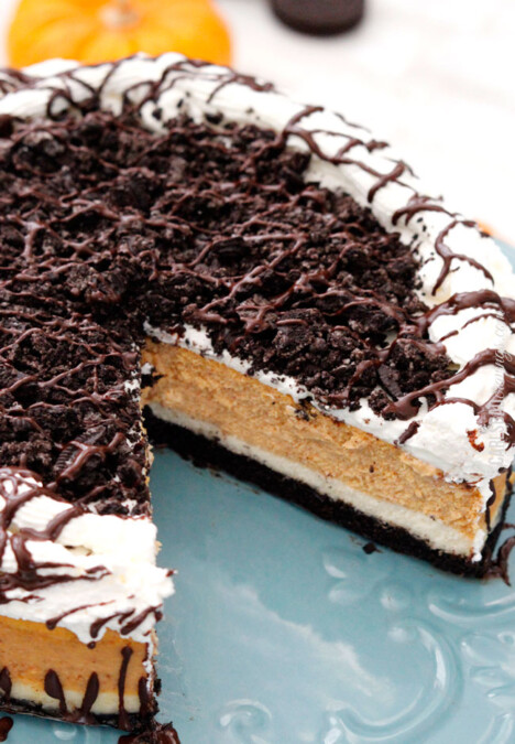 Cut out slice of Double Layer Pumpkin Cheesecake.