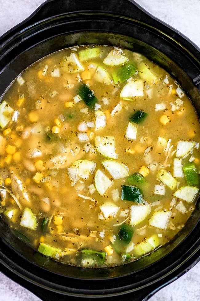top view of crockpot showing how to make slow cooker chicken tortilla soup