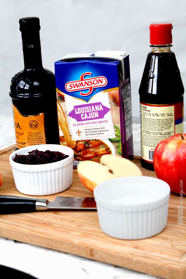 Showing which ingredients to use to make Cajun Pork Tenderloin with apples, swanson broth, hoisen sauce and vinegar.