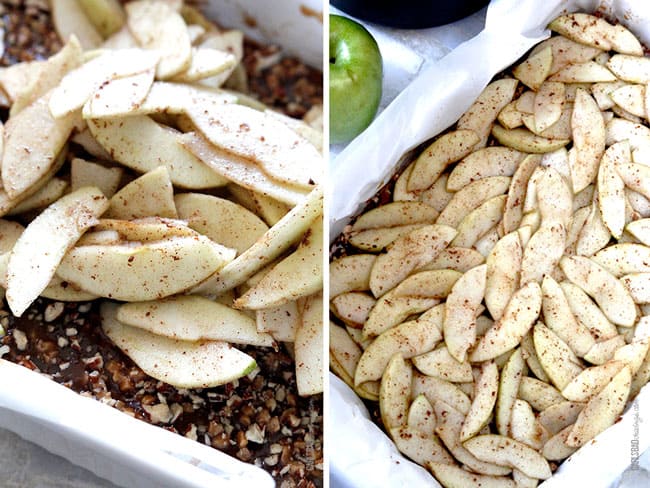 a collage showing how to make Caramel Apple Cheesecake Crust by mixing apples with cinnamon, butter, sugar and lemon juice then spreading caramel, toffee and pecans.