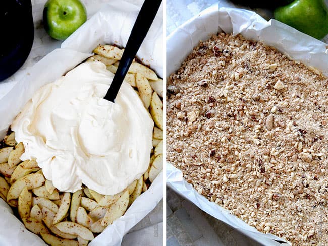 a collage showing how to make Caramel Apple Cheesecake Crust by spreading cheesecake over apples followed by streusel