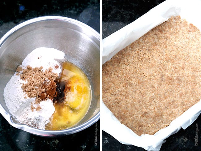 a collage showing how to make Caramel Apple Cheesecake Crust by mixing flour, eggs, sugar together and pressing into a 9x13 pan