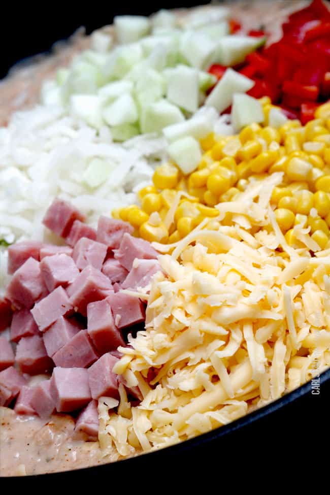 Showing how to make a Breakfast Pot Pie by adding ham, onions, corn, cheese and sauce in a skillet.