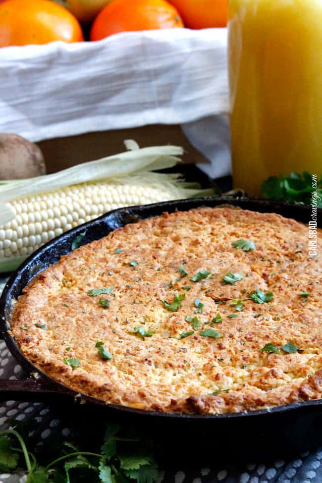 Front view of a Finished Breakfast Pot Pie in a black cast iron skillet.