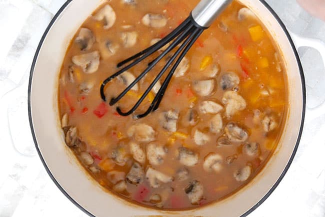 Showing how to make Cajun Chicken Pasta Soup in a white pot, mixing the broth to cook.