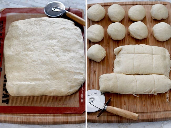 a Photo collage showing how to make dinner rolls by shaping a rectangle of dough then cutting dinner roll dough with a pizza cutter, then rolling dough into balls
