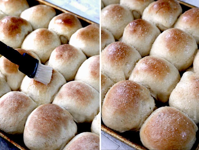 photo collage - brushing butter on this Dinner Roll Recipe on a baking dish.