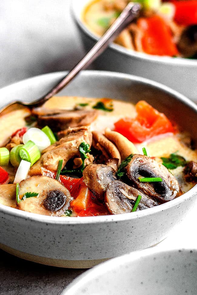 up close of a bowl of easy tom kha gai with chicken and coconut milk