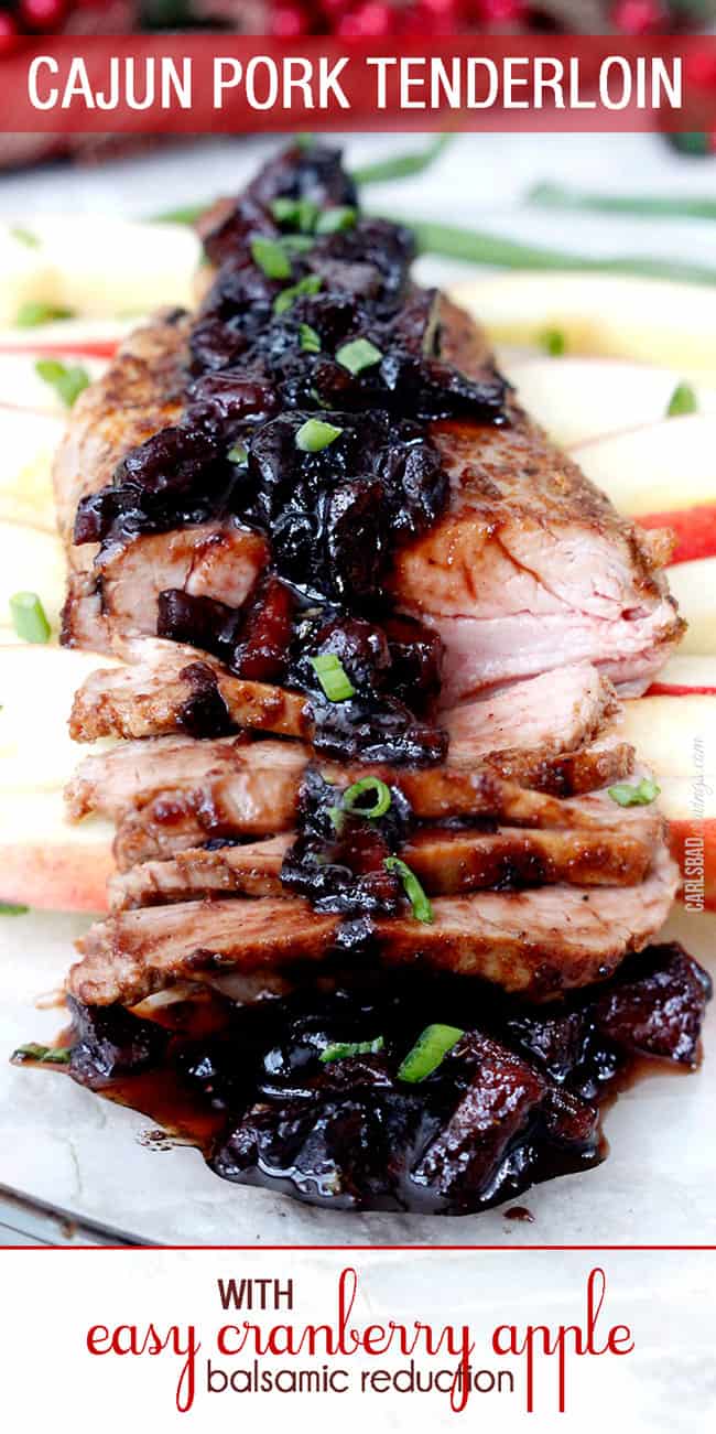 Cajun Pork Tenderloin sliced and displayed with glaze garnished with chives.