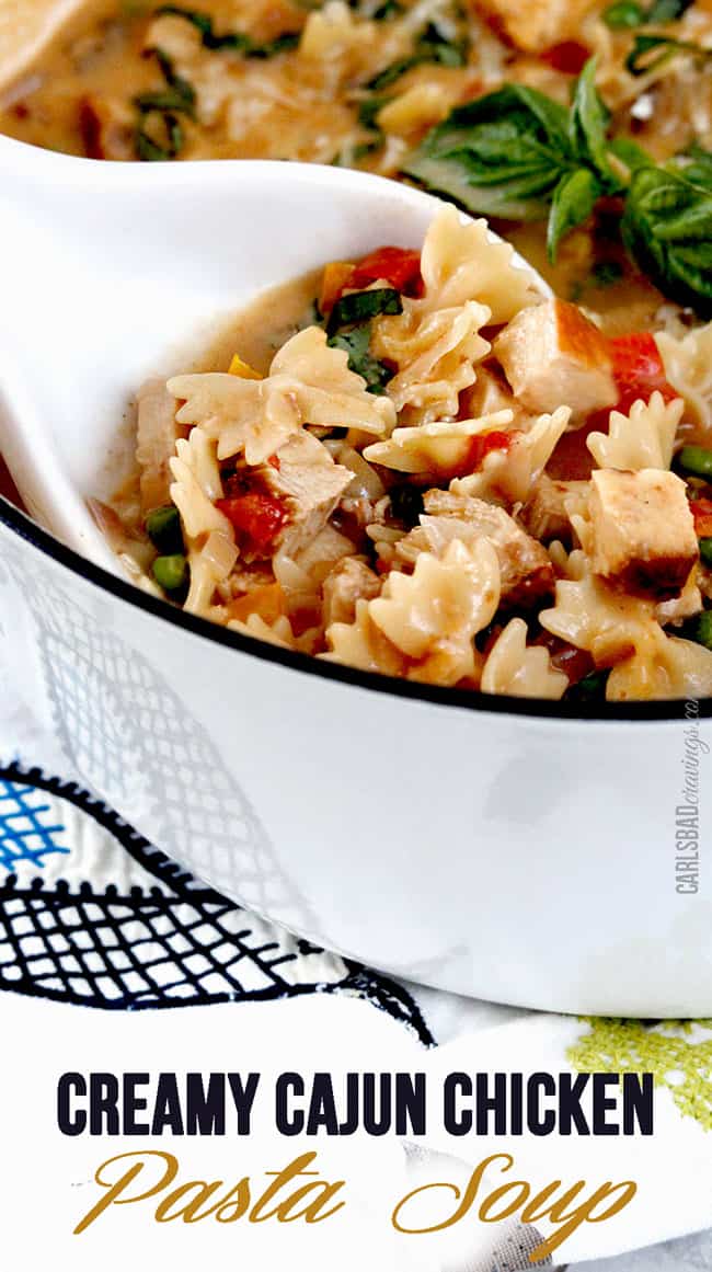 Showing how to make Cajun Chicken Pasta Soup in a white pot.
