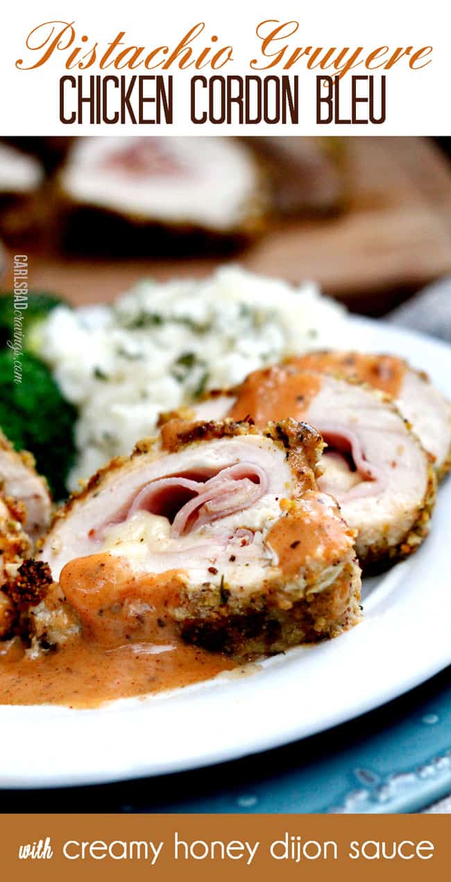 chicken cordon bleu sliced on a white pate