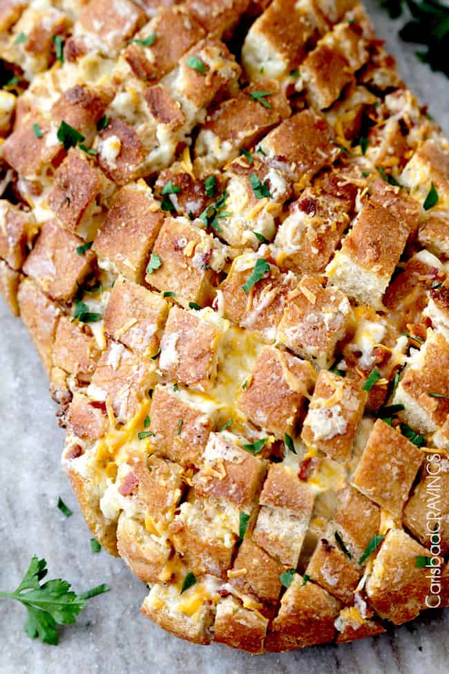 Close up of baked Showing how to make Bacon Ranch Pepper Jack Pull Apart Bread.