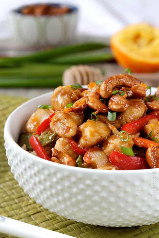side view of healthy cashew chicken stir fry recipe