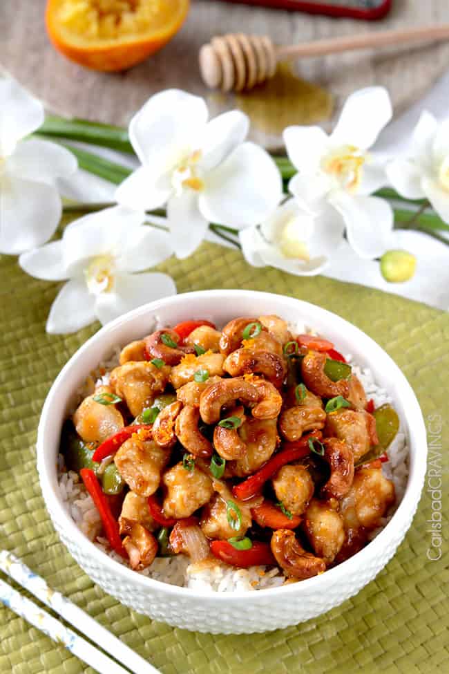 cashew chicken stir fry recipe in a white bowl