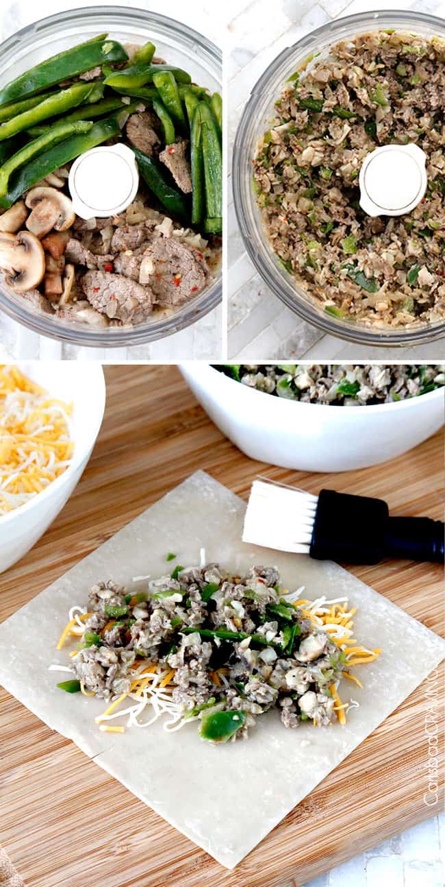 Philly Cheesesteak Egg Rolls loaded with thinly sliced marinated steak, bell peppers, mushrooms and jalapenos smothered with cheese then fried (or baked) to melty, cheesy perfection in a crunchy egg roll cocoon. This Philly Cheesesteak Egg Rolls Recipe might just be the most addicting way to devour Philly Cheesesteaks. showing how to make Philly Cheesesteak Egg Rolls recipe by adding filling ingredients to a food processor to chop then adding filling to egg rolls wrappers