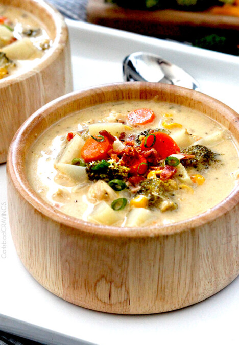 Flavor packed, EASY creamy, cheesy comforting Slow Cooker Bacon Ranch Chicken Chowder is the ultimate comfort soup with NO butter or cream but SO much flavor!! #broccolicheesesoup #chowder #potatosoup