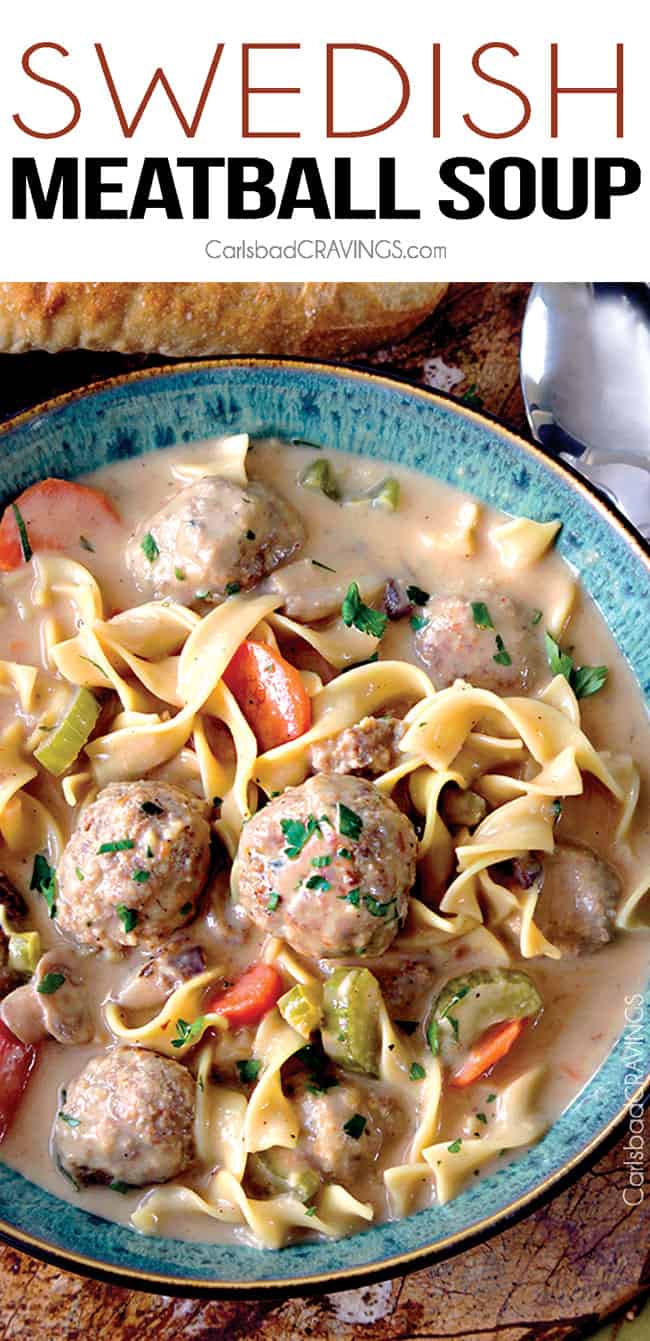 top view of hearty meatballs soup in a green bowl