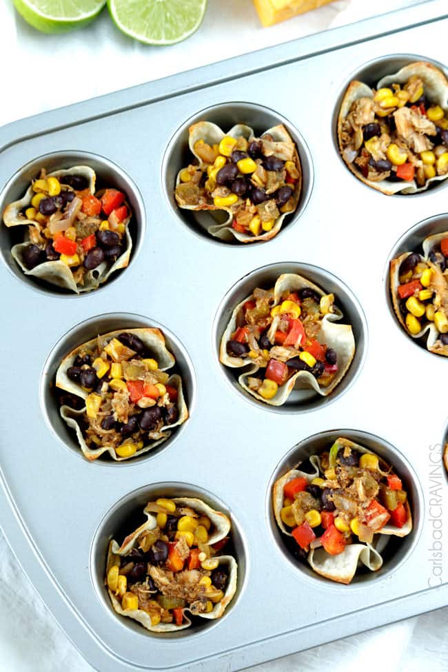 Showing how to make Tuna Melt Cups adding ingredients to muffin a tin.